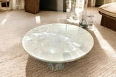 Round Selenite Crystal Coffee Table – Radiant White Gemstone Centerpiece with Cylindrical Stone Base